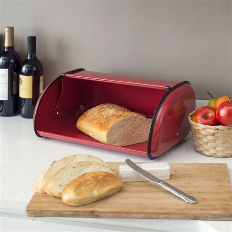 red metal bread box stainless steel door|Home Basics Roll Up Lid Stainless Steel Bread Box, Red.